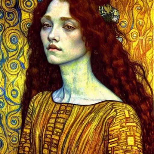 Prompt: detailed realistic beautiful young medieval queen face portrait by jean delville, gustav klimt and vincent van gogh, art nouveau, symbolist, visionary, gothic, pre - raphaelite, muted earthy colors, desaturated