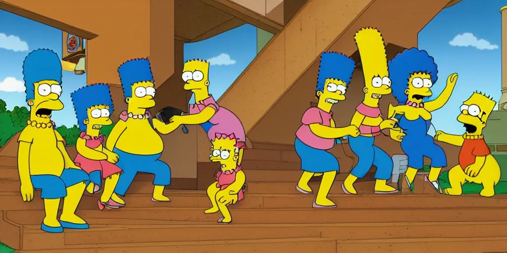 Prompt: the simpsons as bananas, coming down the stairs, eating bananas, stretched, banana skin