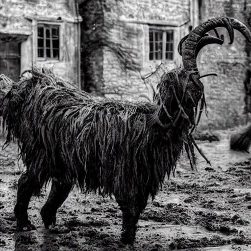 Image similar to horror, moody, still from film, daytime, muddy village square, wide shot, huge, roaring mutant goat monster, powerful, stumpy legs have human hands instead of hoofs, filthy jagged teeth in gaping mouth, matted dirty fur, in muddy medieval village square