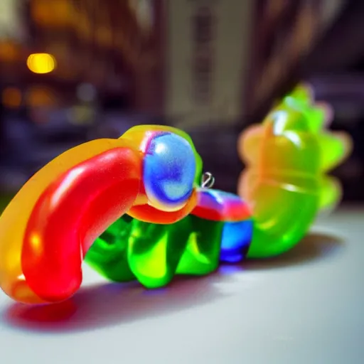 Prompt: medium shot of a a small edible gummi worm candy with cybernetics for sale from a food truck. the candy is displayed with dramatic product lighting, pearlescent. in the background a dim alley is illuminated by the food truck. unreal engine 5, octane 3 d, render.