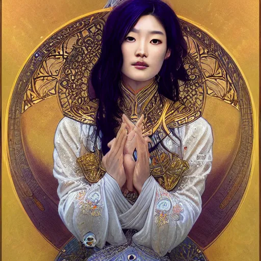 Image similar to jun ji hyun as symmetrical portrait of the goddess of the sky, d & d, fantasy, intricate, elegant, highly detailed, digital painting, artstation, smooth, sharp focus, illustration, art by artgerm and greg rutkowski and alphonse mucha, technomancer astronaut with an epic cosmic background