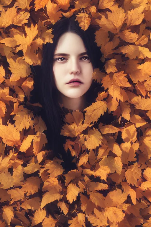 Image similar to young woman's face surrounded by Autumn leaves, long black hair, pale skin, symmetrical face, octane render, hyper-realism, photorealism, 4k, dramatic lightning, by Goya,