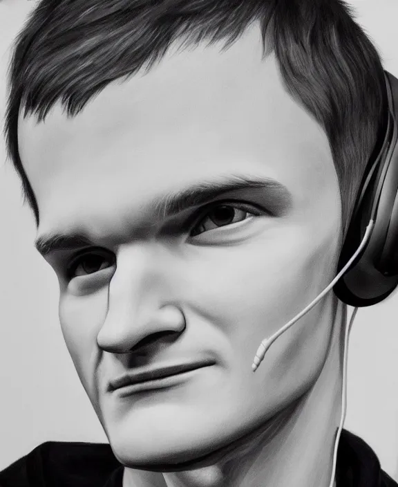 Image similar to vitalik buterin in headphones. vitalik buterin, close up, perfect symmetric face, coherent eyes, cute beautiful face, fine details., 4 k, hans zatska, oil paint