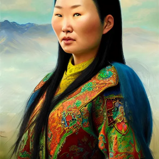 Prompt: portrait of an mongolian woman ( 3 5 ) from mongolia in 2 0 2 1, an oil painting by ross tran and thomas kincade