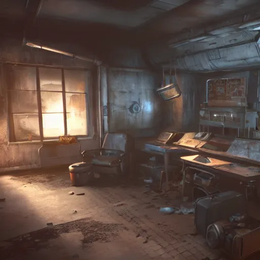 Image similar to fallout concept art vault - tec interior render grim realistic lighting unreal engine 5