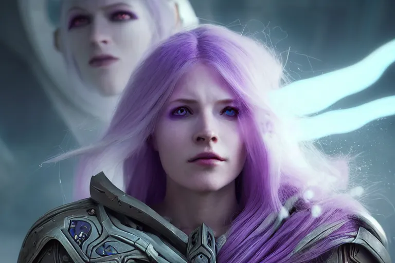 Prompt: an ultra realistic, cinematic, close up portrait, of a pale woman in sci - fi armor with flowing purple hair,, sylvanas windrunner, soft light, dreamy, facial features, standing in a space ship wreck, detailed, deep focus, movie still, dramatic lighting, ray tracing, by michal karcz and yoshitaka and david cronenberg