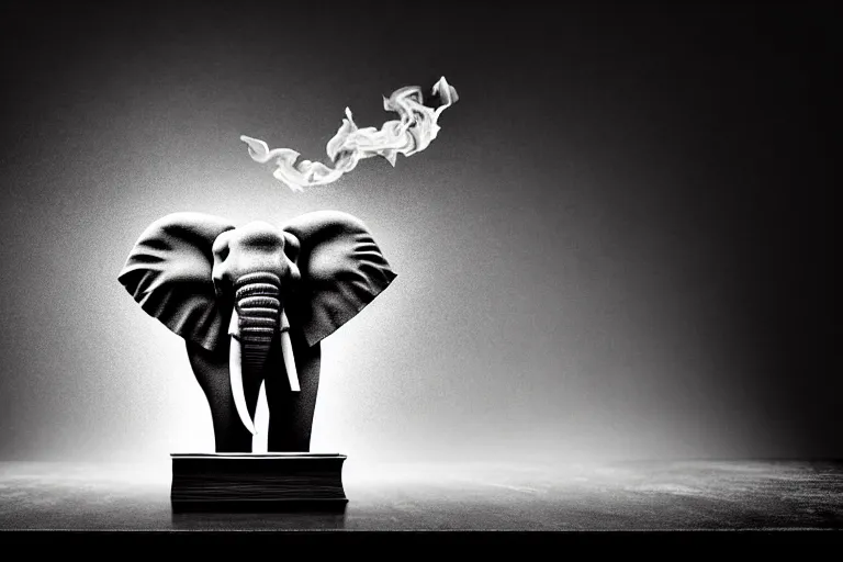 Prompt: republican elephant,pile of papers on fire,Judge's Bench burning, Judge's Gavel,Smoke,Fog Mads Berg, Karolis Strautniekas,stippled light, dramatic lighting,fine texutre, editorial illustration,matte print, film noir,dynamic composition,moody