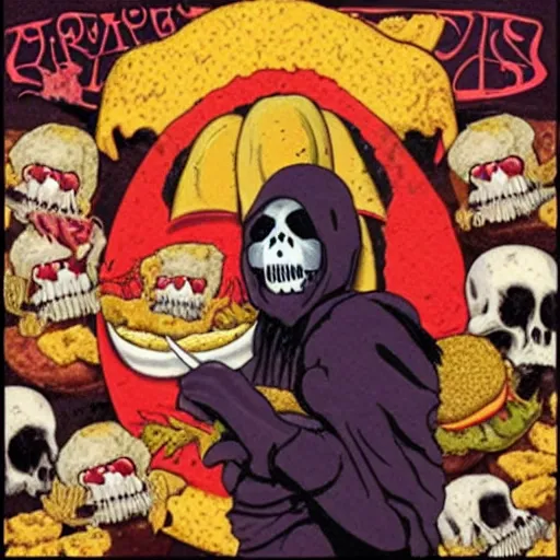 Image similar to grimace reaper, blood and nuggets fast food death metal album cover