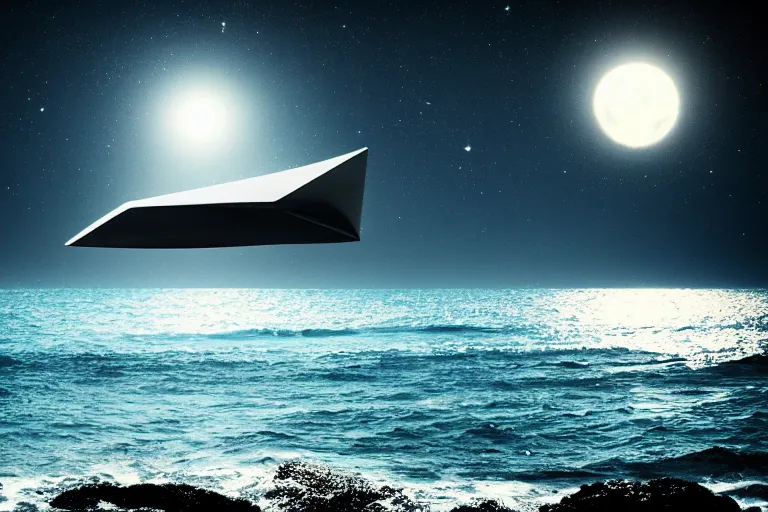 Prompt: a black triangular spaceship hovering over the ocean, near the beach, night time, volumetric fog, starry night, ominous