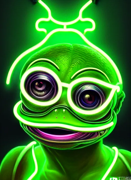 Image similar to portrait of pepe the frog cyber android, intricate, elegant, cyber neon lights, highly detailed, digital painting, cinema 4 d, glamor pose, concept art, smooth, sharp focus, illustration, art by artgerm and greg rutkowski