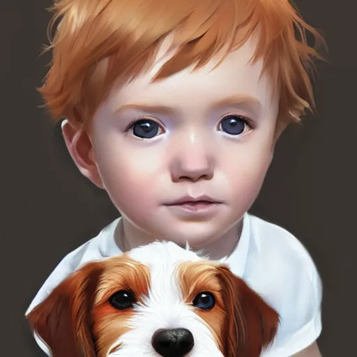Prompt: a baby boy with very short ginger hair and blue eyes sitting with a very cute wire haired jack russell terrier puppy, white with brown patches over both eyes. detailed, high quality painting by artgerm and greg rutkowski and ilya kuvshinov