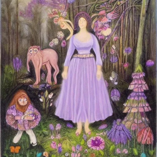 Prompt: random, intuitive by leticia gillett, by jozsef rippl - ronai light violet. a experimental art of a vasilisa standing in the forest, surrounded by animals. she is holding a basket of flowers in one hand & a spindle in the other. gentle expression. in the background, the forest is dark & mysterious.