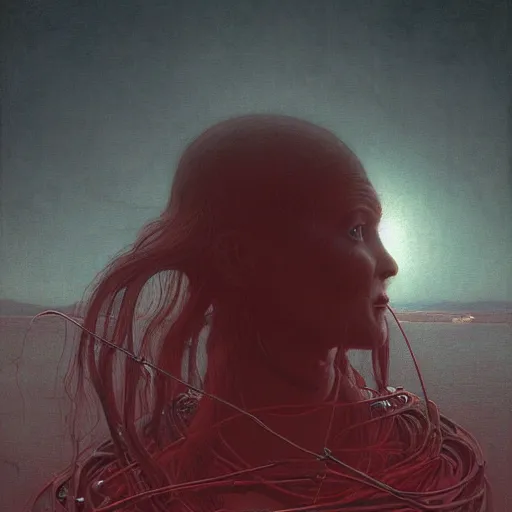 Image similar to evil smile, shore of the lake, woman, wrapped around by tubes and cables, short black curly hair, glowing red, by edgar maxence and ross tran, zdzisław beksinski, and michael whelan, distant, gustav dore, h. r. giger, 8 k, octane render