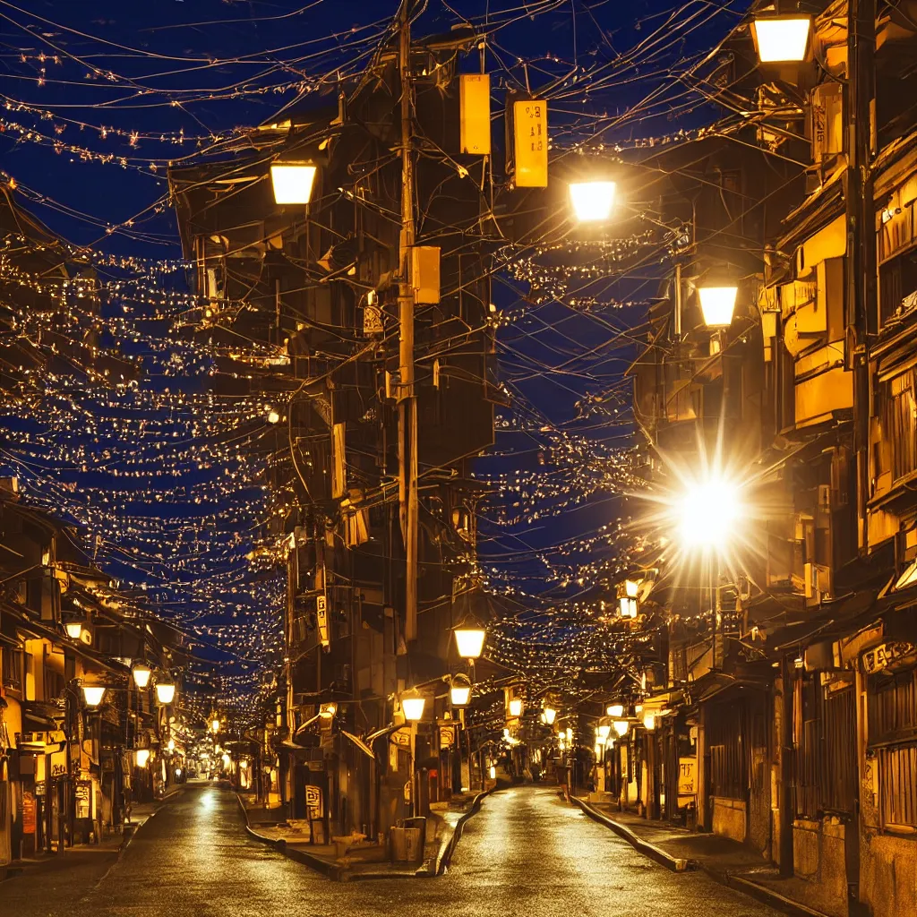 Image similar to photograph of kyoto street at night, bright street lamps, lens flare