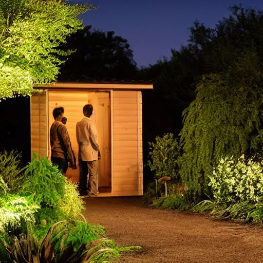 Prompt: A photo of two men in a garden at night walking towards a small wooden garden shed