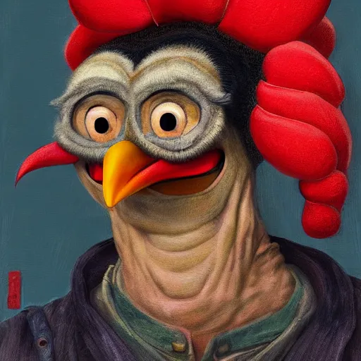 Prompt: scary portrait of an asian man dressed as a chicken, the chicken man, highly detailed painting by disney pixar 8 k