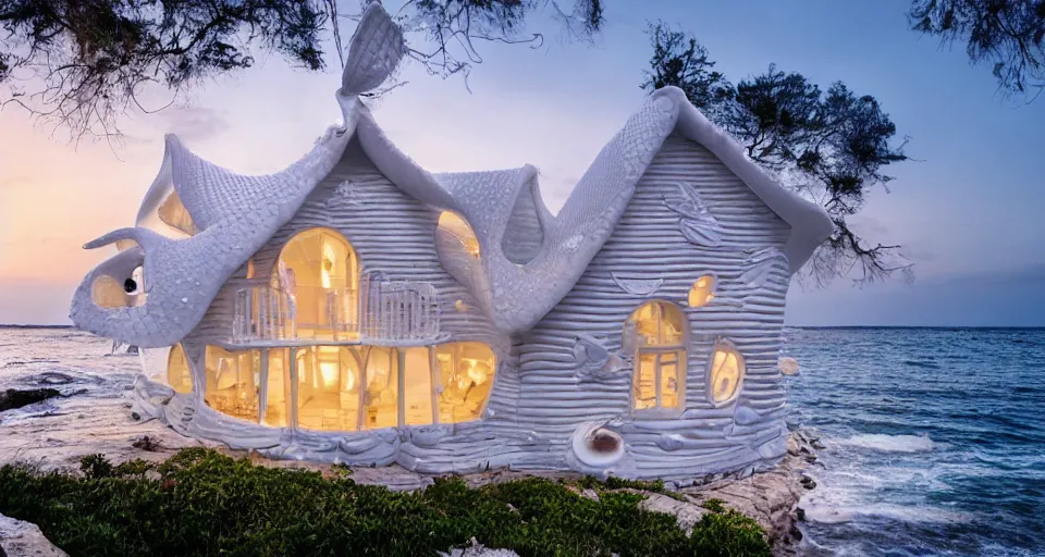 Prompt: pearly white seashell house, atmospheric cinematography