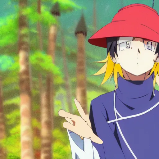 Prompt: a young wizard with blues eyes, wearing a bucket hat, anime style, 4 k anime still, crunchyroll