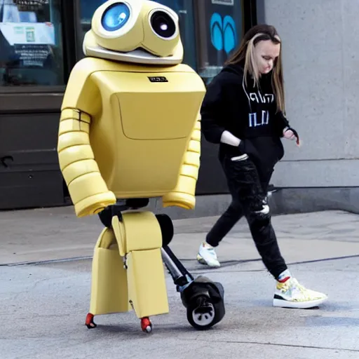 Prompt: Billie Eilish walking on the sidewalk with WALL-E