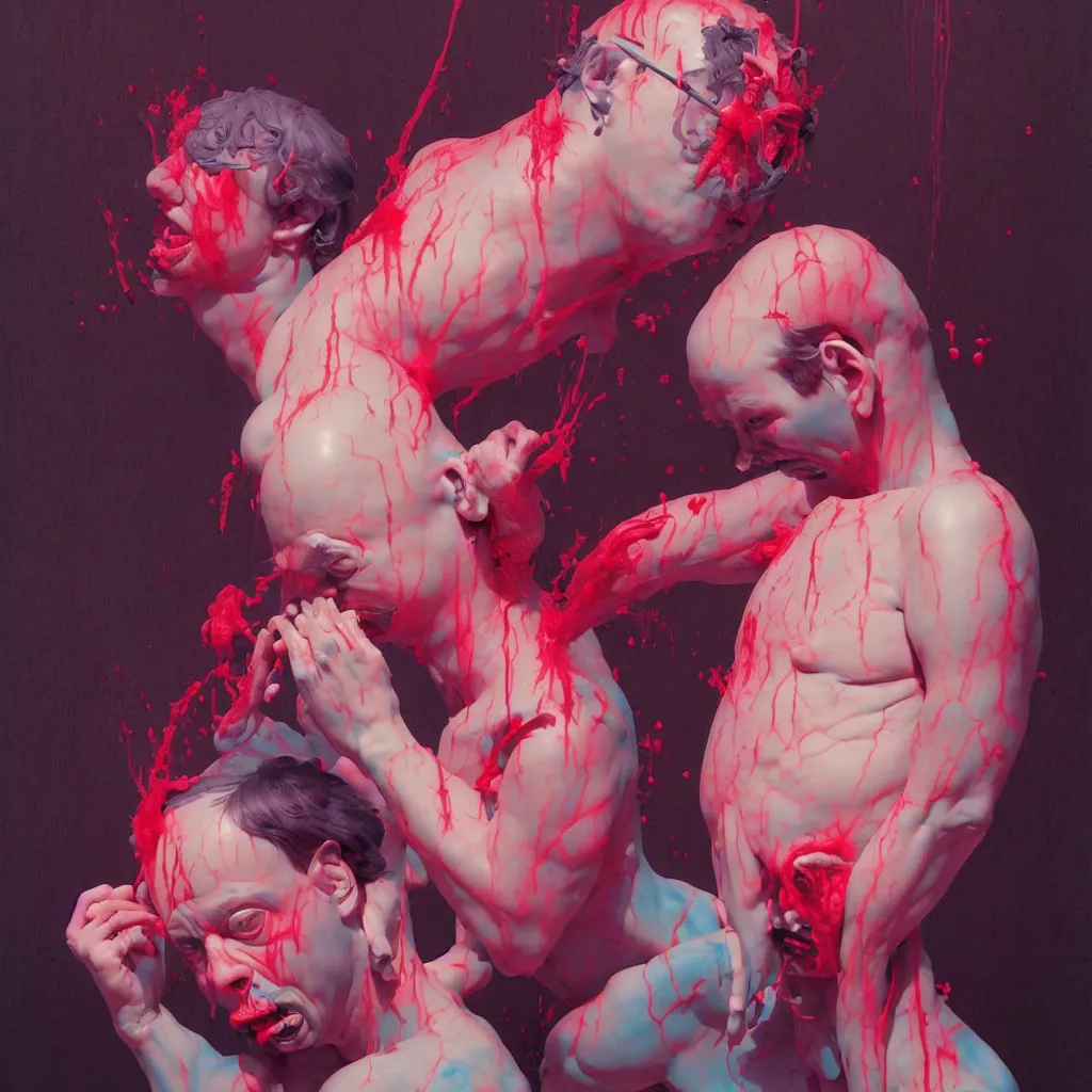 Image similar to weird and disturbing portrait of todd solondz puking blood, todd solondz, vivid colors, neon, art by ( ( ( kuvshinov ilya ) ) ) and wayne barlowe and francis bacon and artgerm and wlop and william - adolphe bouguereau