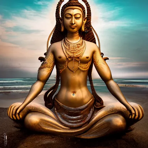 Prompt: stunning artstation style portrait painting of a mermaid bodhisattva, praying meditating, on the beach, by the ocean, stunning sky, WLOP, 8k masterpiece, curvy, slim build, full frame shot, cinematic lighting, pristine clean design, fantasy, insanely detailed, atmospheric