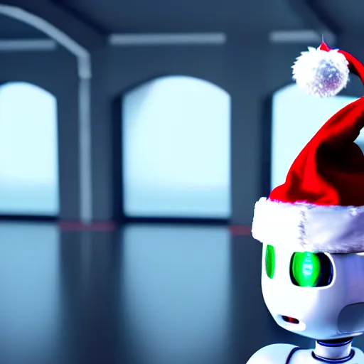 Image similar to a cute little robot with a santa claus hat. super realistic 8 k render of a elegant, cinematic composition