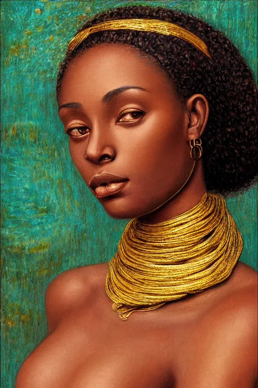 Image similar to Portrait of a Beautiful African female, sad green eyes, beautiful skin, elegant, jewellery, digital painting, Pre-Raphaelites, highly detailed, concept art, smooth, sharp focus, gold and indigo, illustration, art by Klimt .