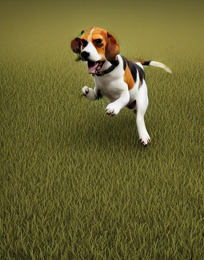 Image similar to a beagle running in a field . intricate artwork by art-station. octane render, cinematic, hyper realism, 8k, depth of field.