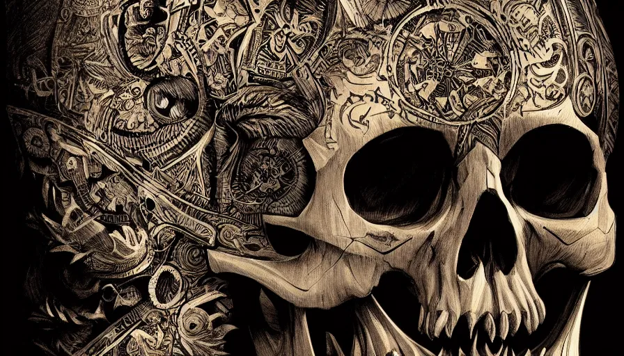Image similar to concept art skull by jama jurabaev, the skull is decorated with art deco patterns, cinematic shot, trending on artstation, high quality, brush stroke
