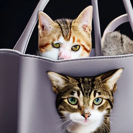 Image similar to lots of furry cats inside a big handbag, gray background, studio lighting, detailed photo, 4 k, 8 k