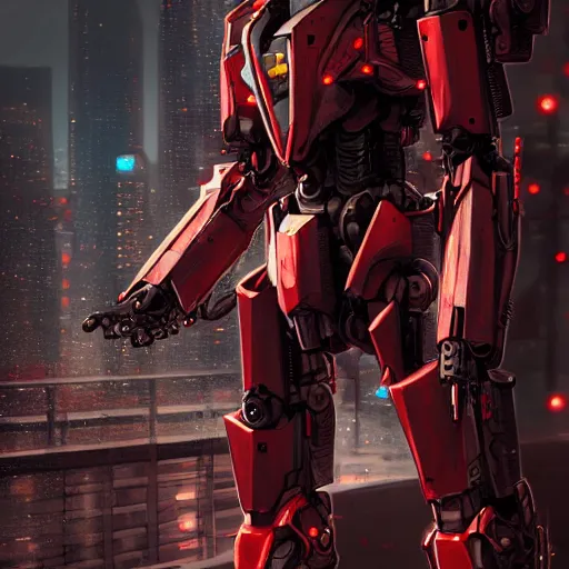 Prompt: An realistic epic fantastic comic book style portrait painting of a mecha warrior machine by WLOP, black and reddish color armor, cyberpunk feel raining at tokyo rooftop, Concept world Art, unreal 5, DAZ, hyperrealistic, octane render, cosplay, RPG portrait, dramatic lighting, rim lights