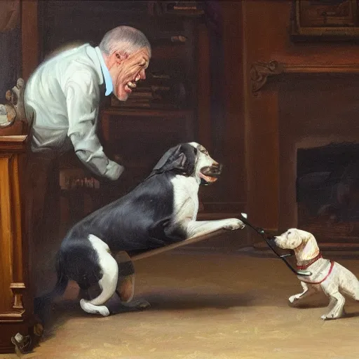 Prompt: a oil painting of a man angry at his dog and the dog is playing, digital painting, trending on art station, 8 k, masterpiece