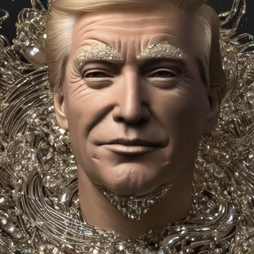 Image similar to donald trump full body detailed, ethereal, biomechanical, covered in diamonds and other gems glowing, highly detailed face, elegant posed, intricate, extremy detailed, beeple, cgsociety, 3 d unreal engine octane render. cinematic lighting, highly detailed 4 k art