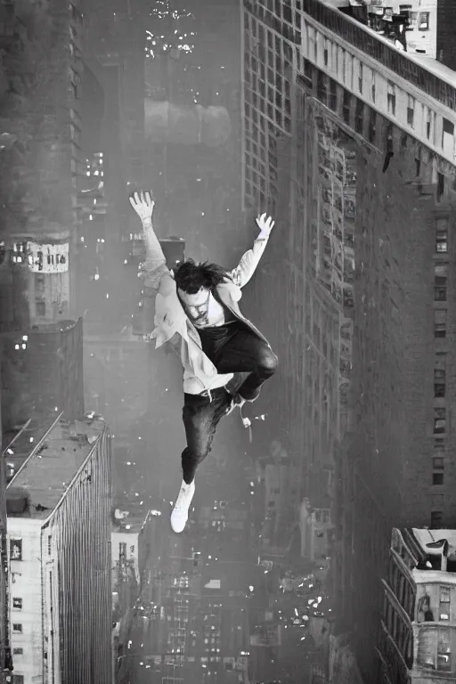 Image similar to !dream a man jumping from a building in New York, explosion