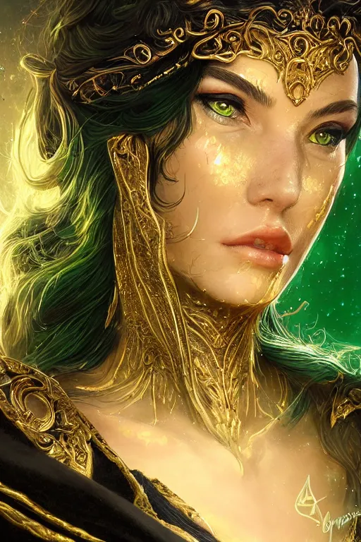 Prompt: a close - up profile portrait of a beautiful sorceress wearing a black robe with gold embroidery, casting a spell, green glows, painted by artgerm and tom bagshaw, highly detailed digital art