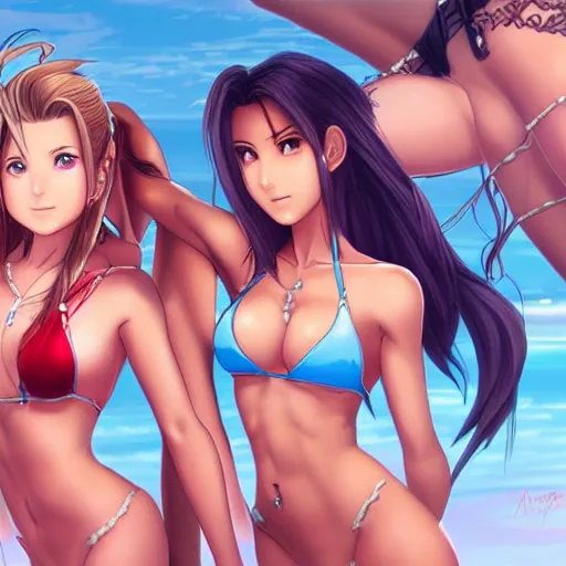 Image similar to beautiful aerith and tifa and jessie from final fantasy in a bikini on the beach making eye contact drawn by artgerm