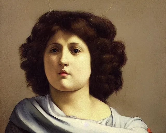 Image similar to colored portrait. the same style. a very unique profile, seen from the side, medium shot, of a woman's profile, with fat face, a straight and long nose, and huge and prominent eyes. her hair is curly. old photograph. sharp image. academicism, highly detailed, color harmony, art station, ornate, caravaggio style. old photography