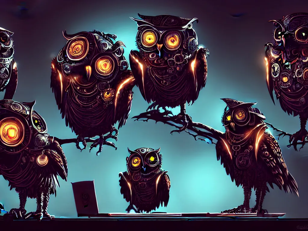 Image similar to an giant evil, malevolent, cyborg owls looking at a computer, surrounded by computer screens. steampunk, intricate, elegant, fantasy, highly detailed, digital painting, concept art, sharp focus, illustration, beautiful lighting, epic light, artstation, colorful, dramatic