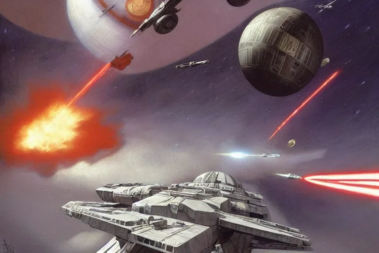 Image similar to ralph mcquarrie concept art, scene : the death star is rocked by explosions as the rebel fleet zooms over, unloading a heavy barrage. luke struggles to carry the enormous weight of his father's dying body toward an imperial shuttle. father's dying body toward an imperial shuttle. by artgerm and greg rutkowski and alphonse mucha