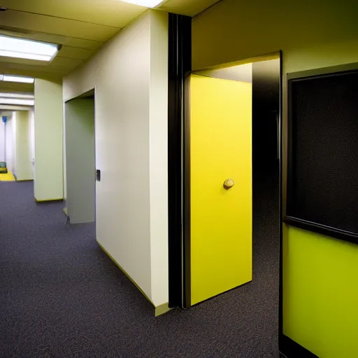 Prompt: a green glowing exit sign in a drab, yellow carpeted, yellow walled office room from the mid nineties