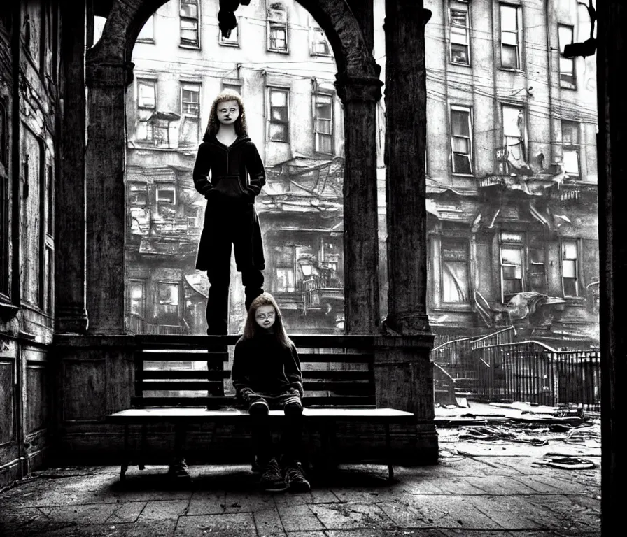 Image similar to mid shot of sadie sink in hoodie sits on bench in ruined square, pedestrians walk by | steampunk tenement windows in background : storyboard, scifi cyberpunk. by gabriel hardman. cinematic atmosphere, detailed and intricate, perfect anatomy