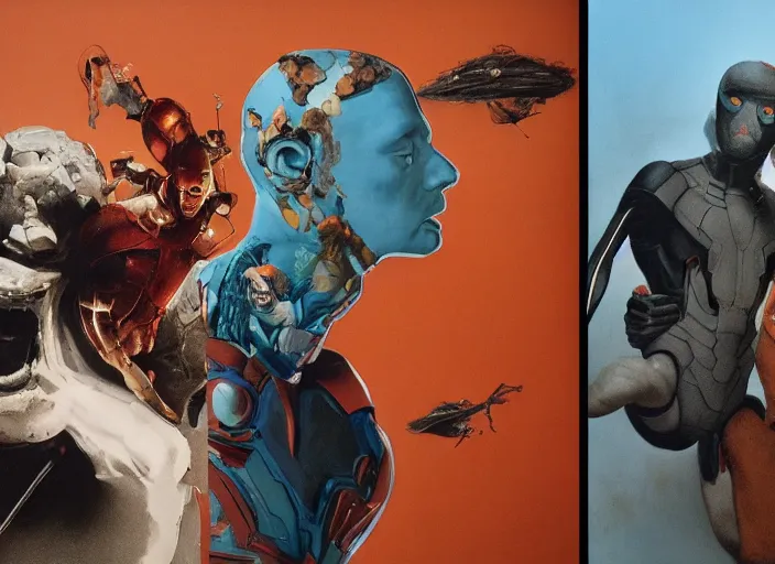 Prompt: a still from the movie avengers : infinty war of francis bacon and norman rockwell and james jean, a still from the movie the fly, and mark brooks, triadic color scheme, by greg rutkowski, syd mead and edward hopper and norman rockwell and beksinski, dark surrealism, orange and turquoise