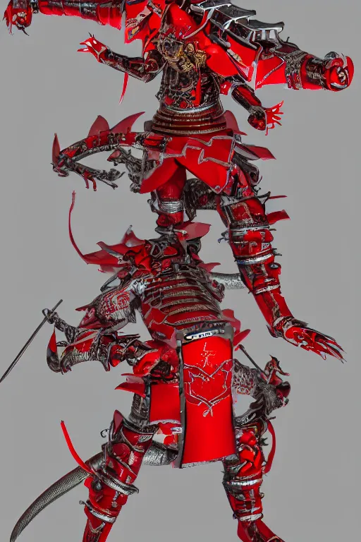 Prompt: photography of a mechanical dragon samurai in red japanese armor taken with Leica M11 , in human form, full body, ultra realistic, octan render