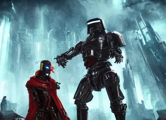 Image similar to medieval cyberpunk knight in a scenic cyberpunk environment, armor inspired by star wars and iron man, cybernetic implants, beautiful digital art, action pose, epic lighting, epic composition, sharp focus