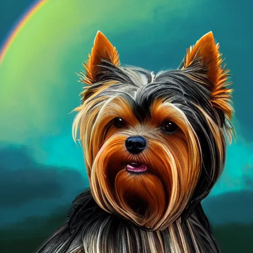 Prompt: head and shoulders portrait of modern darna, yorkshire terrier in a green field with a rainbow above, intricate, elegant, dark vibes, highly detailed, digital painting, artstation, glamor pose, concept art, smooth, sharp focus, illustration, art by wlop, mars ravelo and greg rutkowski