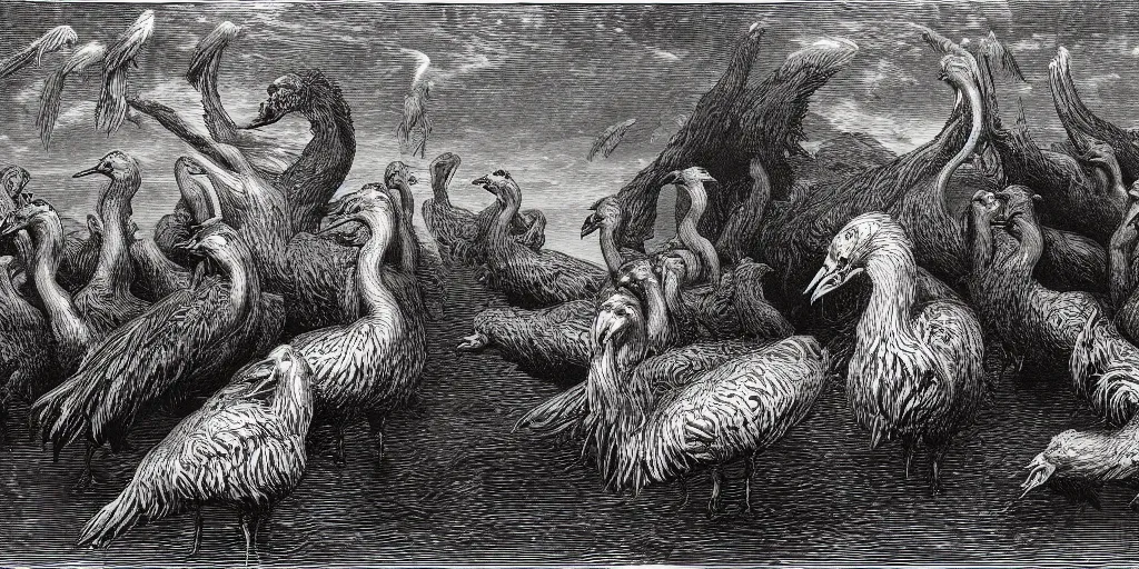 Prompt: cerberus with angry geese as its heads, guarding the gates of hell, art by gustave dore