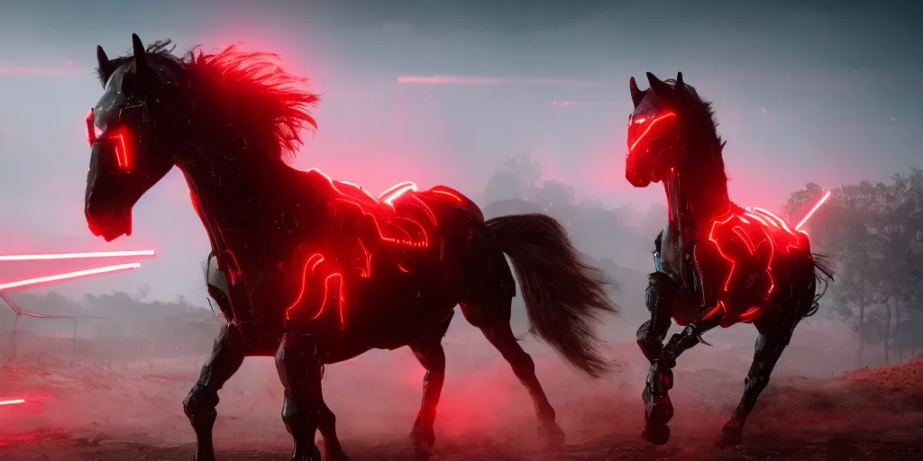 Prompt: a photo of 8k ultra realistic the cybernetic horse wars, red neon, cinematic lighting, trending on artstation, 4k, hyperrealistic, focused, extreme details, unreal engine 5, cinematic, masterpiece