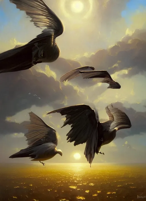 Prompt: a mysterious realm of swirling darkness and shadow with a swarming flock of birds, extremely detailed oil painting, rhads, sargent and leyendecker, savrasov levitan polenov, bruce pennington, studio ghibli, tim hildebrandt, digital art, landscape painting, trending on artstation, masterpiece