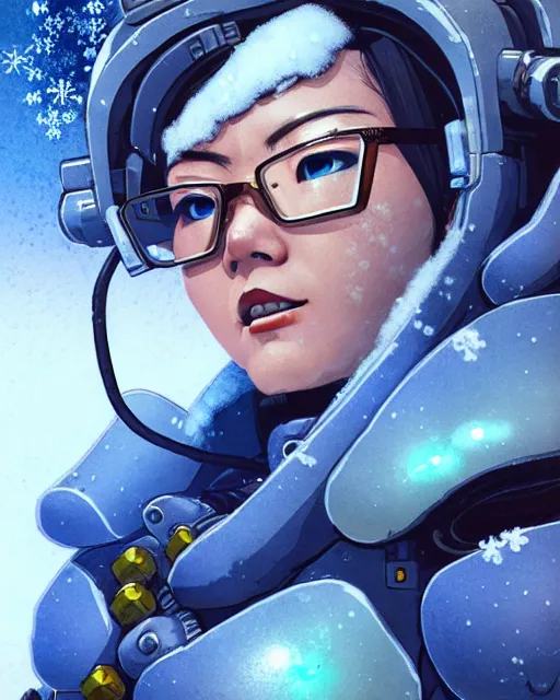 Image similar to mei from overwatch, character portrait, ice, cold, snow, sci - fi armor, portrait, close up, concept art, intricate details, highly detailed, vintage sci - fi poster, retro future, in the style of chris foss, rodger dean, moebius, michael whelan, and gustave dore
