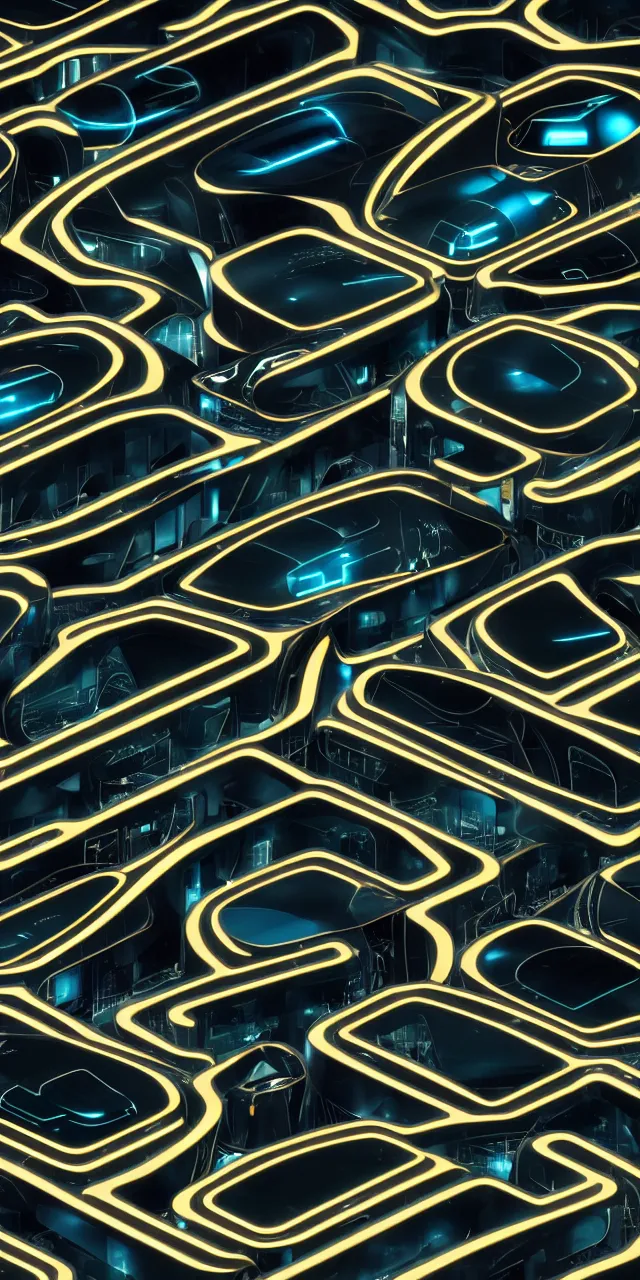 Prompt: A seamless pattern of photorealistic futuristic sci-fi black grey teal and gold concept buildings designed by by zaha hadid and karim rashid, close-ups, detail shots, 3D, futuristic cars and mecha robots, tiny people walking below, Blade Runner 2049 film, robotic machinery, BMW and Mercedes concept cars, Backlit, glowing lights, shiny glossy mirror reflections, Gold and white, large patterns, Futuristic shapes, Symmetric, mecha robot details, Macro details, plastic ceramic material, Transparent Glass surfaces, metallic polished surfaces, seamless pattern, Dynamic lighting, gold black and aqua colors, Octane render in Maya and houdini, vray, ultra high detail ultra realism, unreal engine, 4k in plastic dark tilt shift